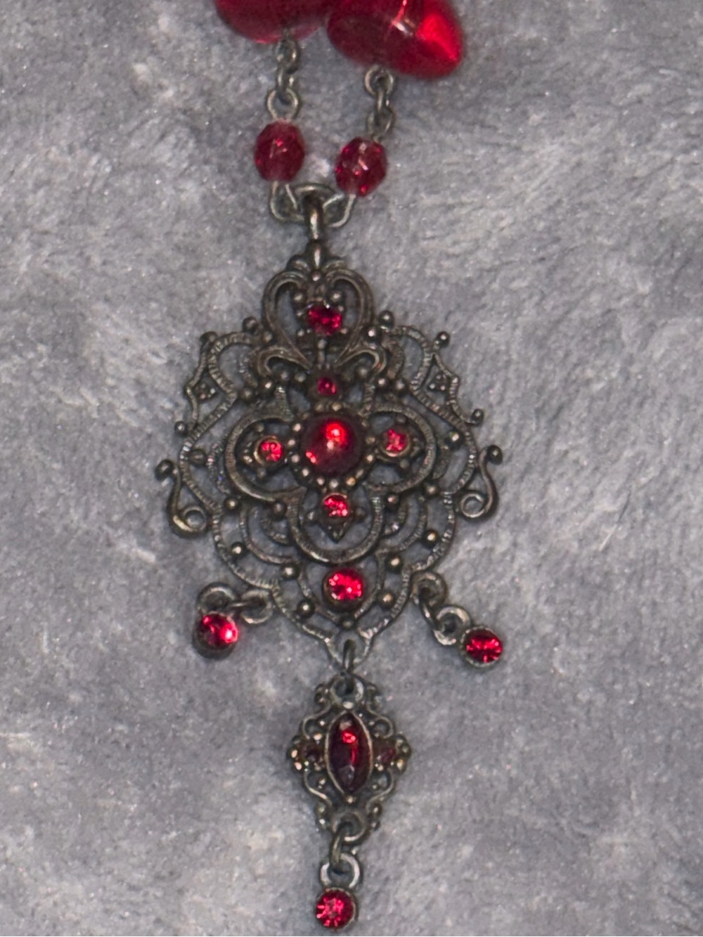 2010s Gothic Red Rhinestone Beaded Necklace Victorian Filigree Statement